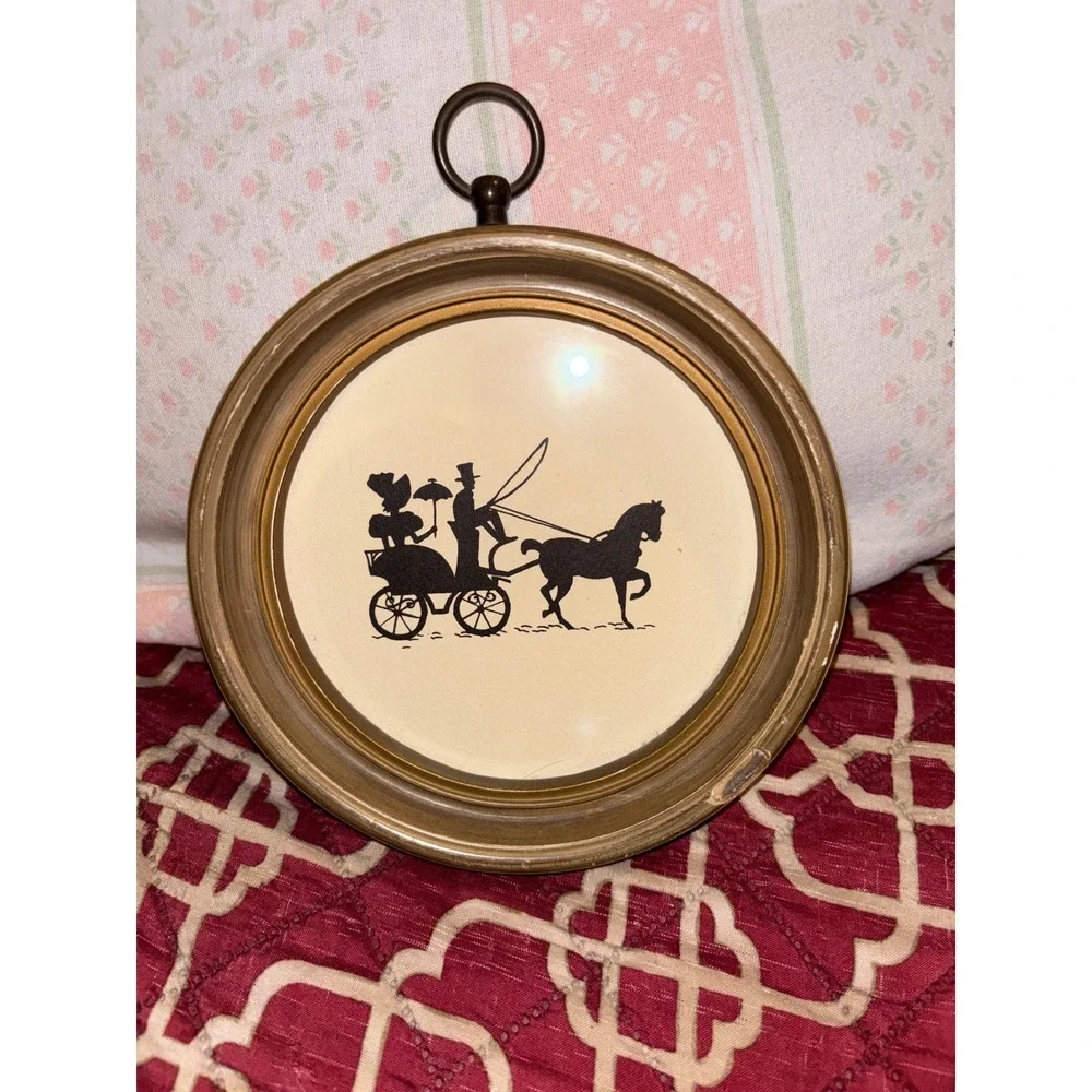 Vintage Round Gold Framed Silhouette Art Horse and Carriage Wall Decor 6 Inch